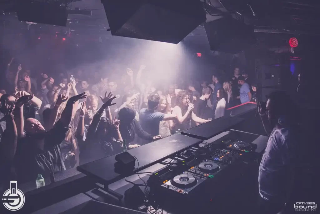 DJ with crowd waving their hands in the air