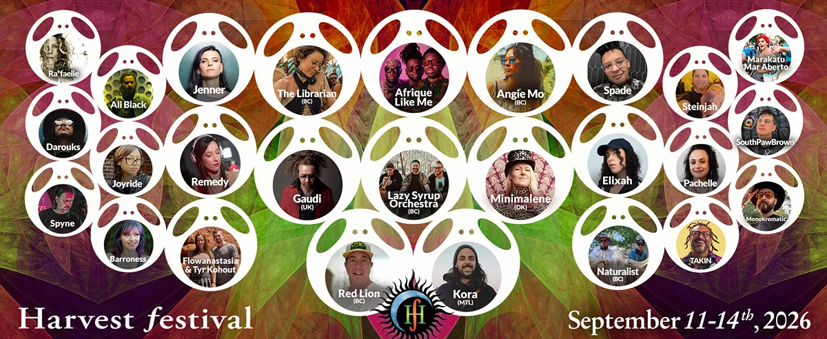 The faces of festival performers in circles